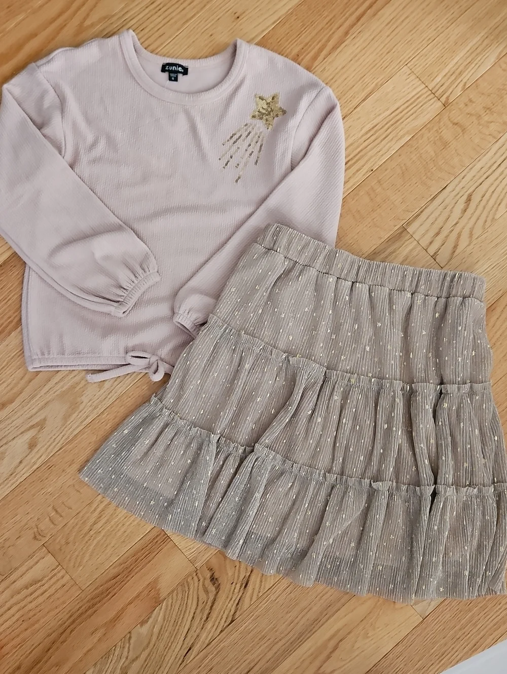 Zunie Pink Knit Top with Gold Star & Taupe Tiered Skirt Set